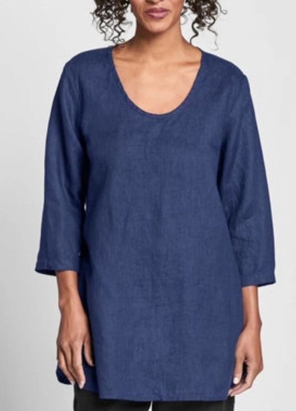 FLAX Dreamy 100% Linen Naval Blue Pullover Tunic M